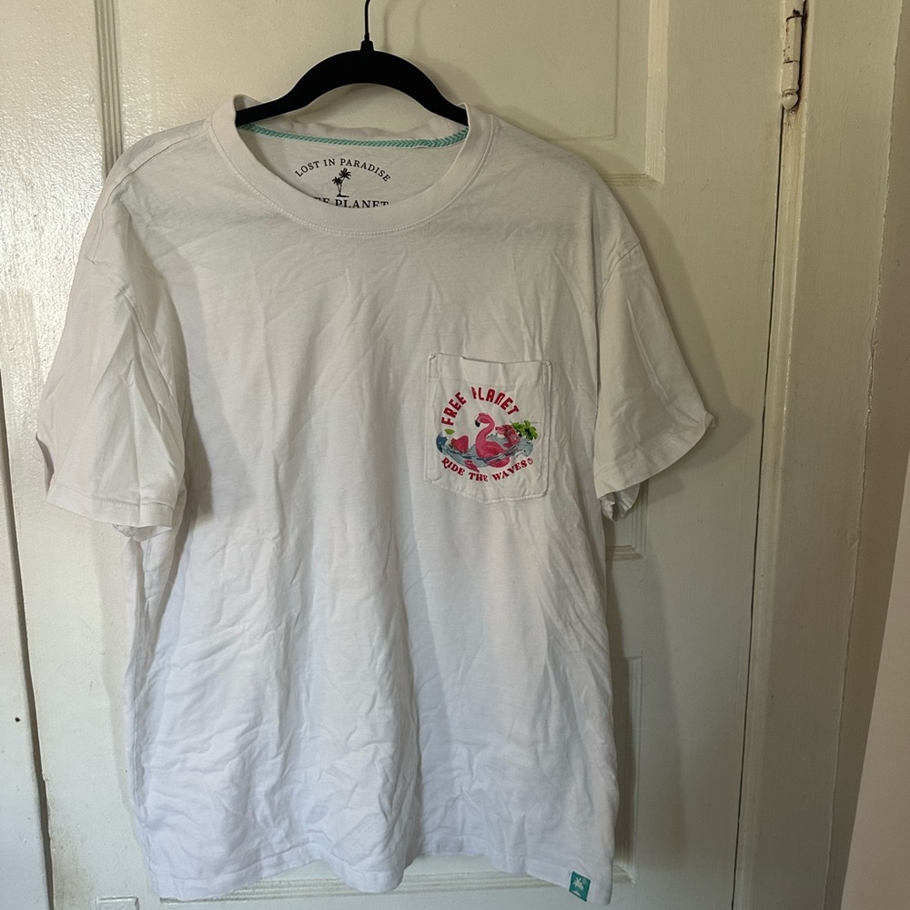 Free Planet White Shirt with Pink Flamingo Design